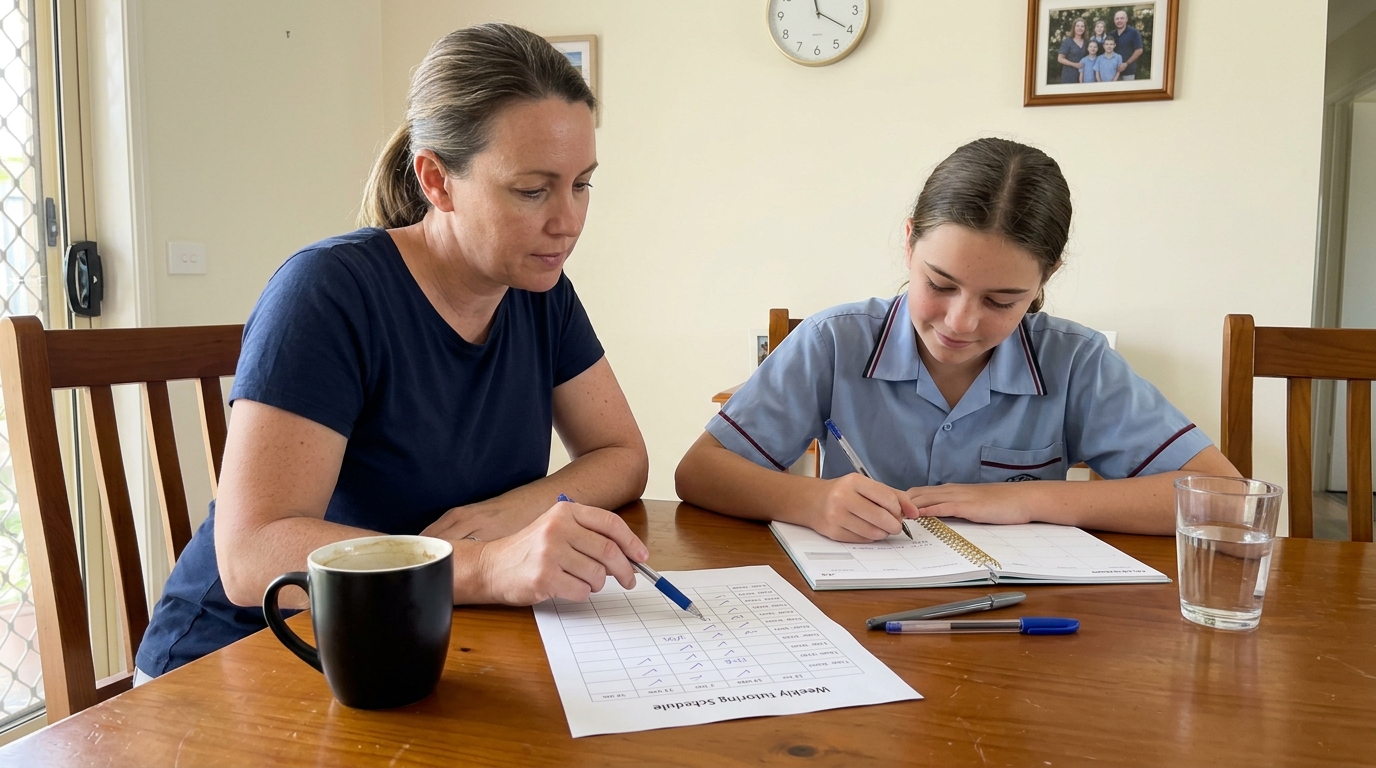 A Gold Coast parent and their Year 8 child reviewing a printed weekly tutoring schedule at the dining table on a weekday morning