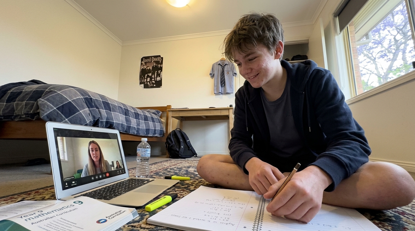 A Year 9 student in suburban Adelaide working through algebra on the bedroom floor with a Tutero tutor on a video call.