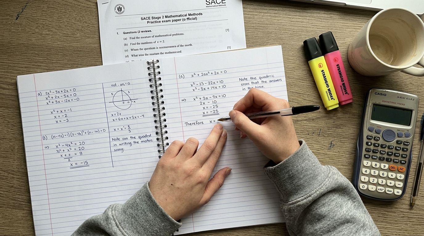 Top-down view of a SACE Stage 2 maths student working through a Mathematical Methods problem in handwritten notebook.