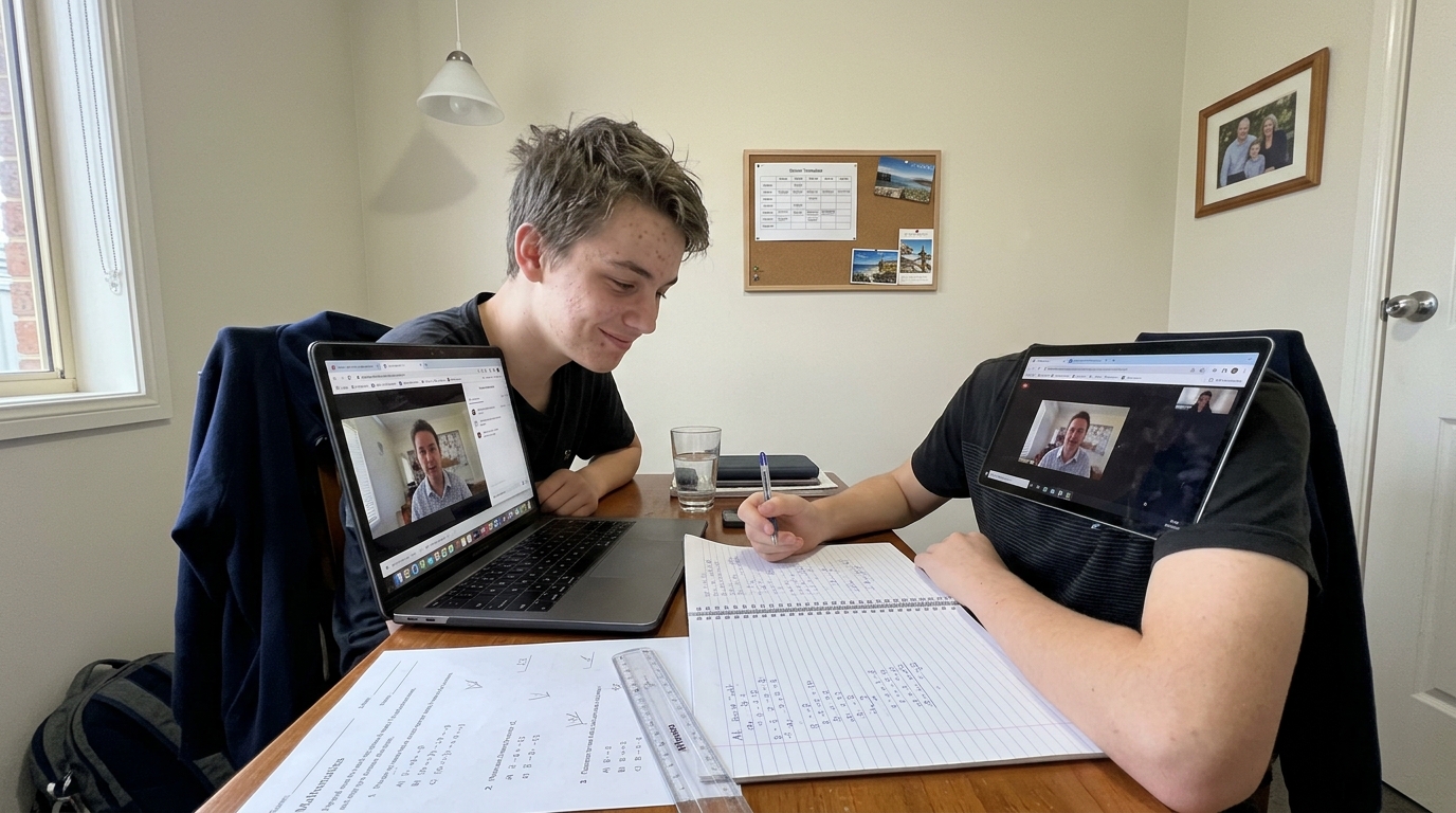 An Australian high school student in a one-on-one online tutoring lesson, focused on the laptop with a small private smile after a concept clicks.