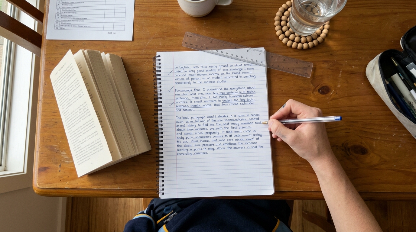 Top-down view of a student's home workspace — handwritten English essay paragraphs in a spiral notebook with an open novel beside it.