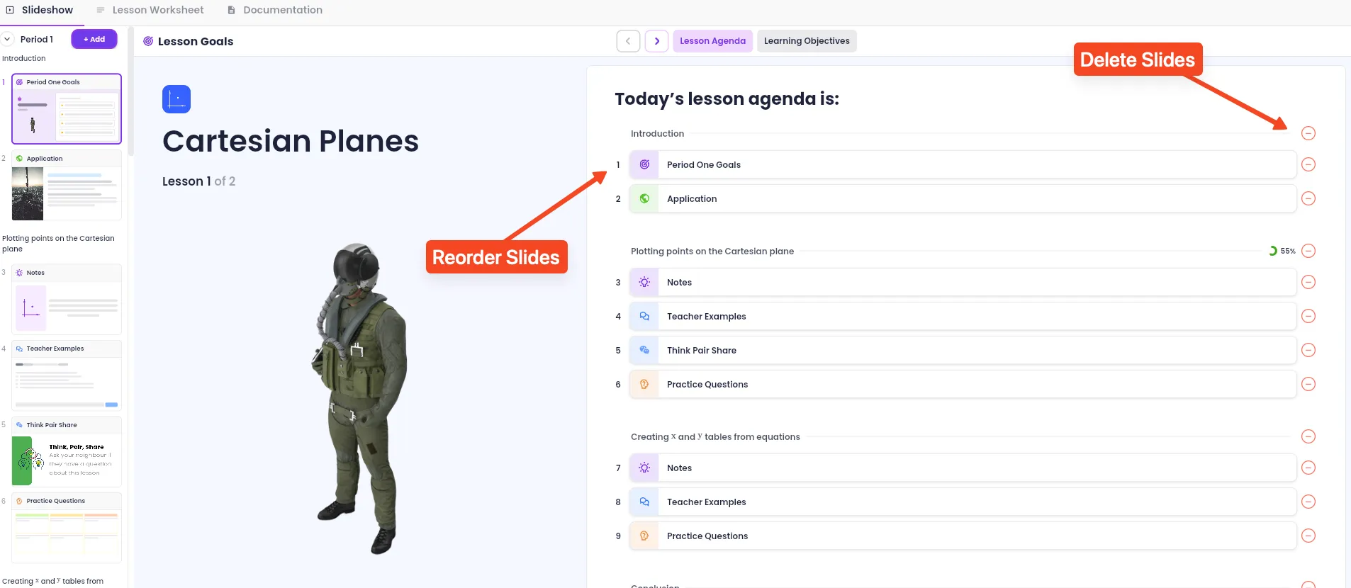 The Tutero slideshow sidebar showing the bin icon overlay on hover for fast in-flow slide deletion.