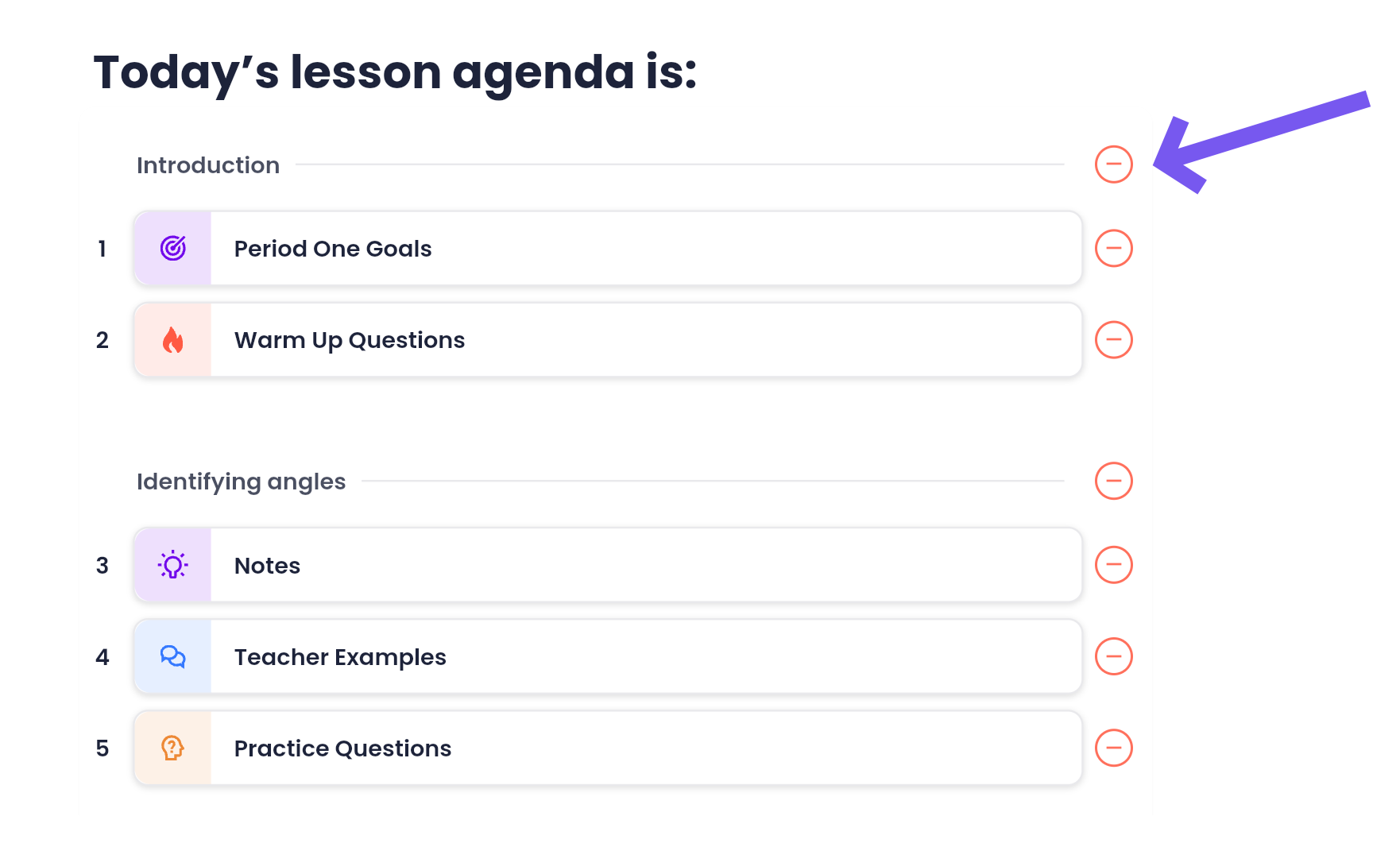 The Tutero lesson goals page showing the slide list with bin icons next to each slide for quick deletion.