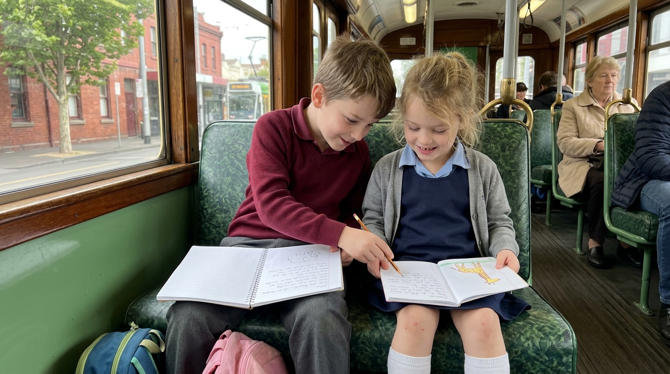 A primary-school sibling pair sitting side by side on a Melbourne tram with spiral notebooks, jotting down what they saw at the zoo