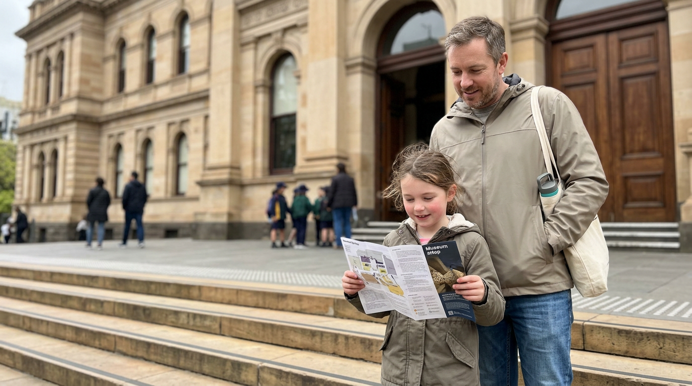 A parent and primary-school child reading a printed museum guide on the front steps of a Melbourne heritage museum on a Saturday morning