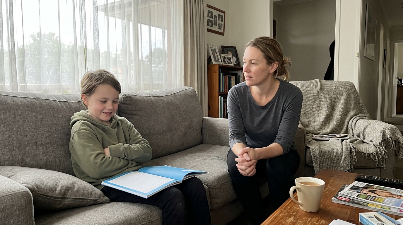 Parent and child sitting on a couch, parent listening patiently while child considers what they've said about school