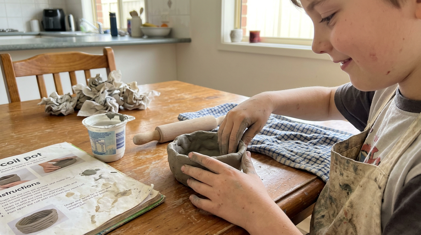 Close-up of a child's clay-streaked hands shaping a small coil bowl at a craft table