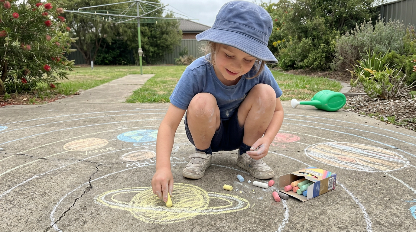 Young child crouched on a suburban backyard patio drawing a chalk solar-system on the concrete