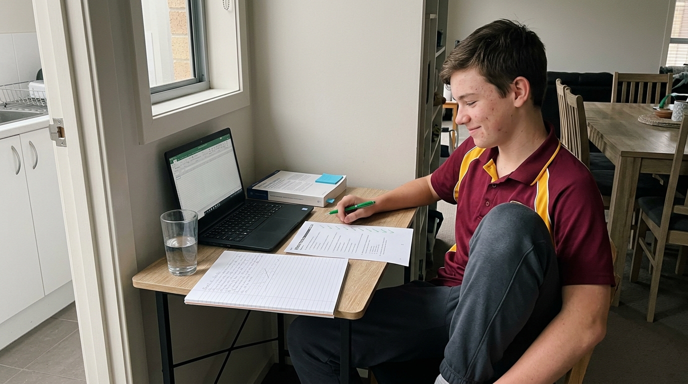 Year 9 student leaning back from a printed practice quiz with ticks down the margin and a small relieved smile