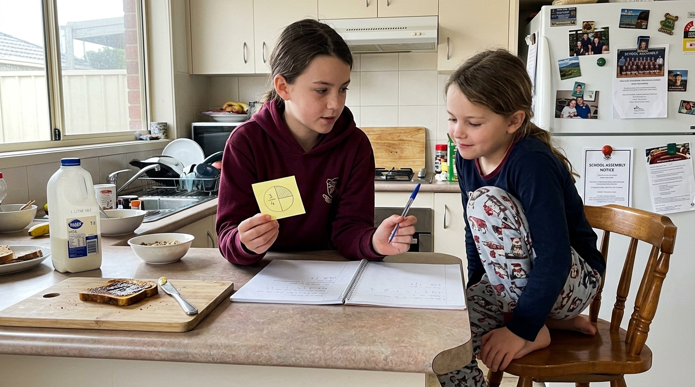 Older sibling explaining a fraction on a sticky-note to a younger sibling at the kitchen bench