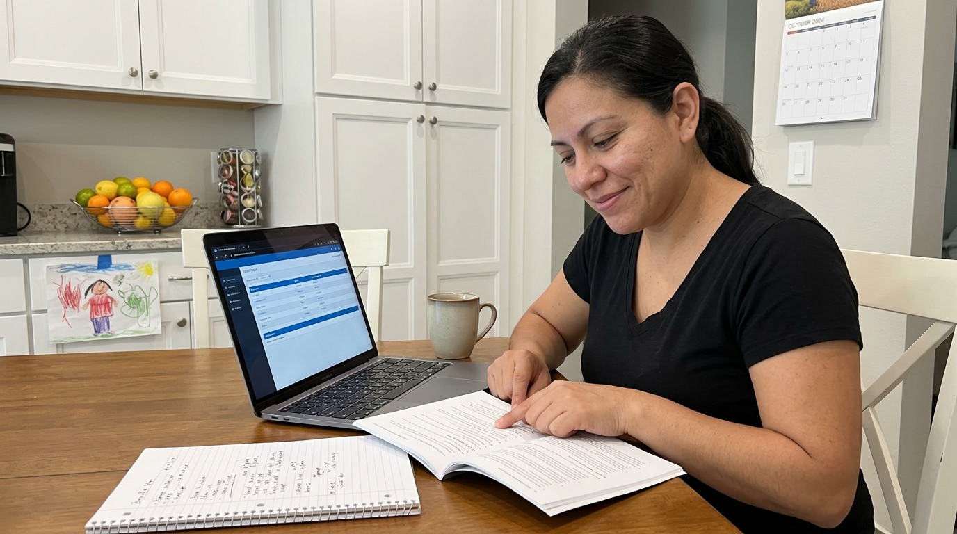 Madre consultando el manual del programa Step Up junto a su laptop en la cocina.