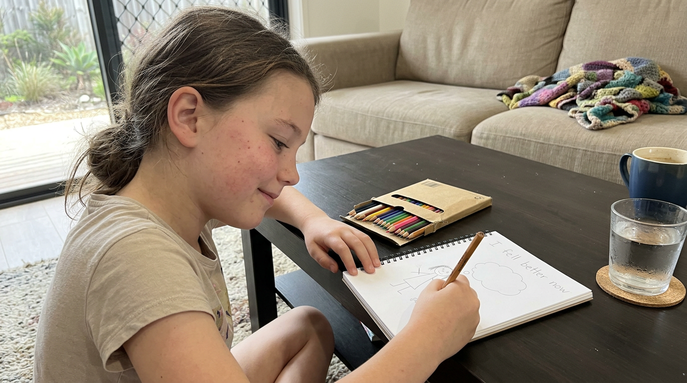 A primary-school-age child drawing their feelings in a notebook on the lounge-room rug