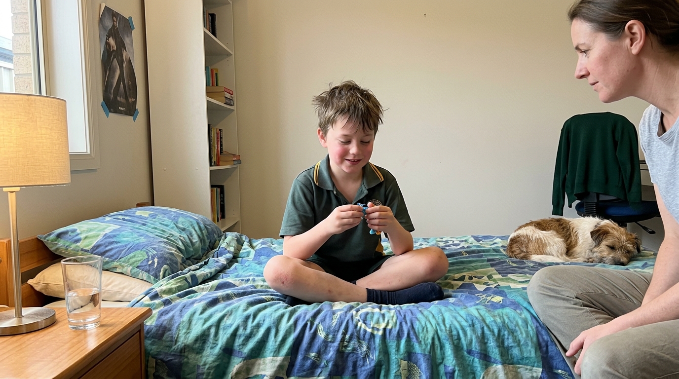 A parent sitting on the bed listening to their primary-school-age child talk about their day