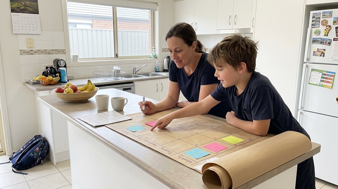 A parent and primary-school child mapping out a holiday study schedule on butcher paper at the kitchen island