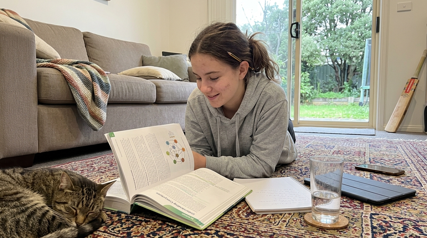 A high-school student lying on the lounge-room rug reading a textbook during the school holidays
