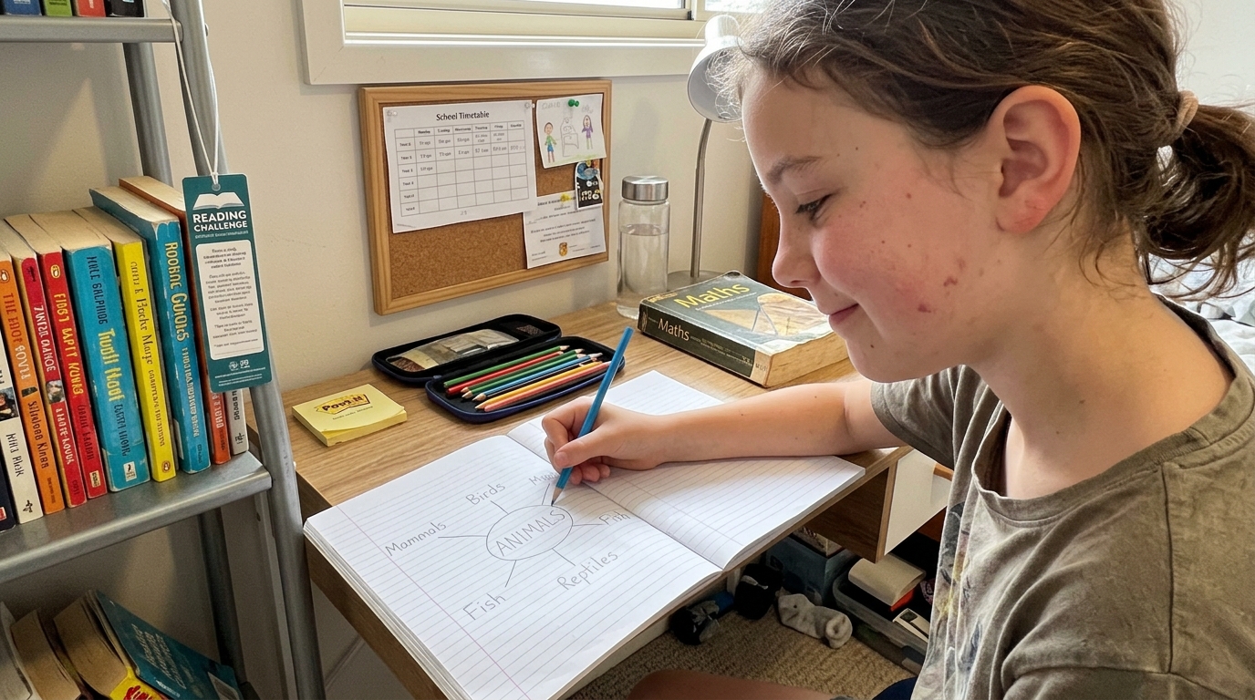 A primary-school child drawing a mind map in their exercise book at a bedroom desk