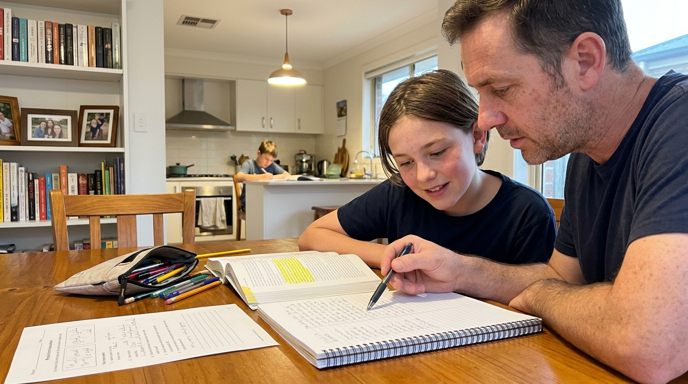 A parent helping their high-school child set up a Cornell-style notebook layout at the dining table