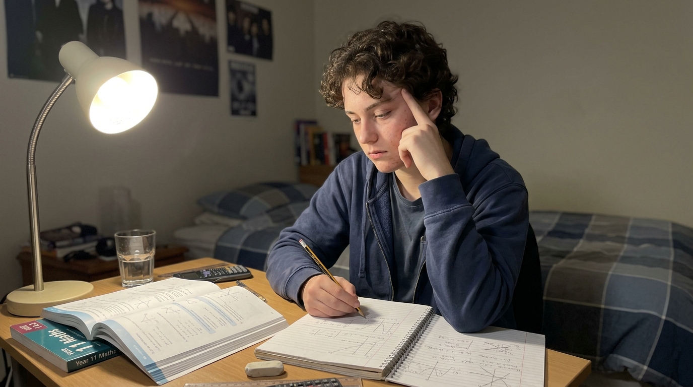 A Year 11 Australian student studying maths at a small bedroom desk in the late evening, head propped on one hand, focused and tired