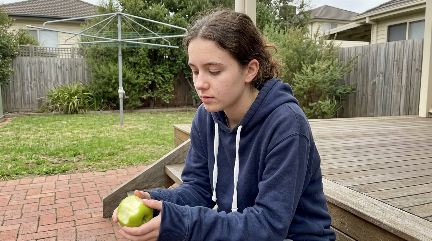 A Year 12 Australian student taking a study break on the back deck, eating an apple in a hoodie under bright overcast afternoon light