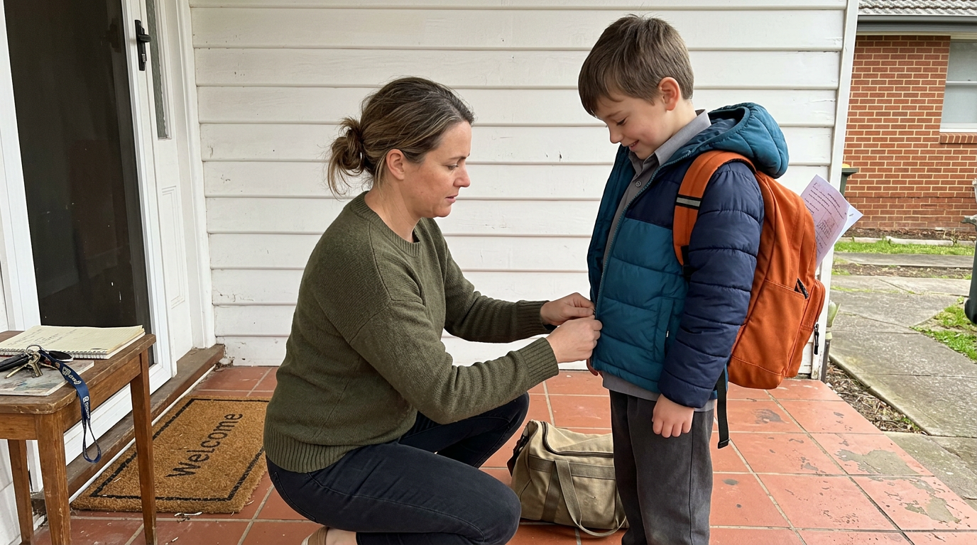An Australian parent zipping up a Year 4 child's puffer jacket at the front door before drop-off, the child smiling quietly