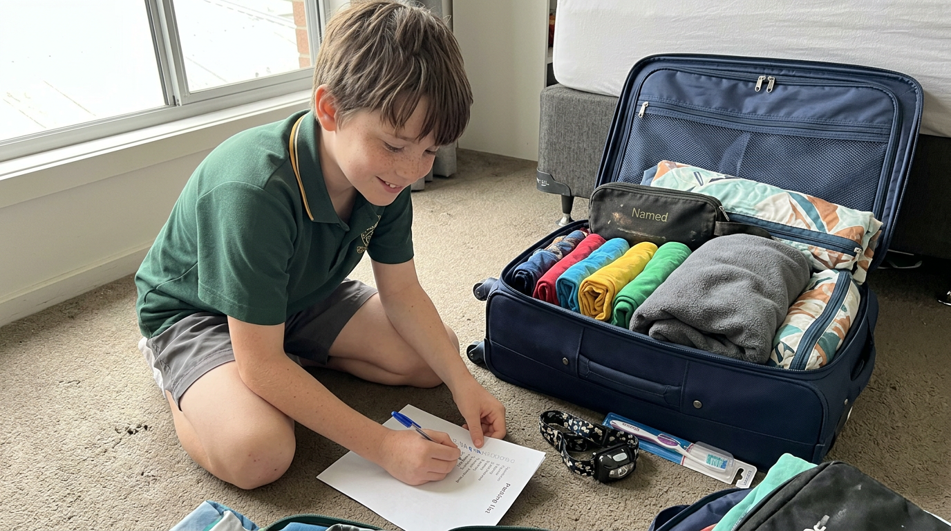 A Year 5 Australian child kneeling next to an open suitcase in their bedroom, ticking off a printed packing list with a small smile