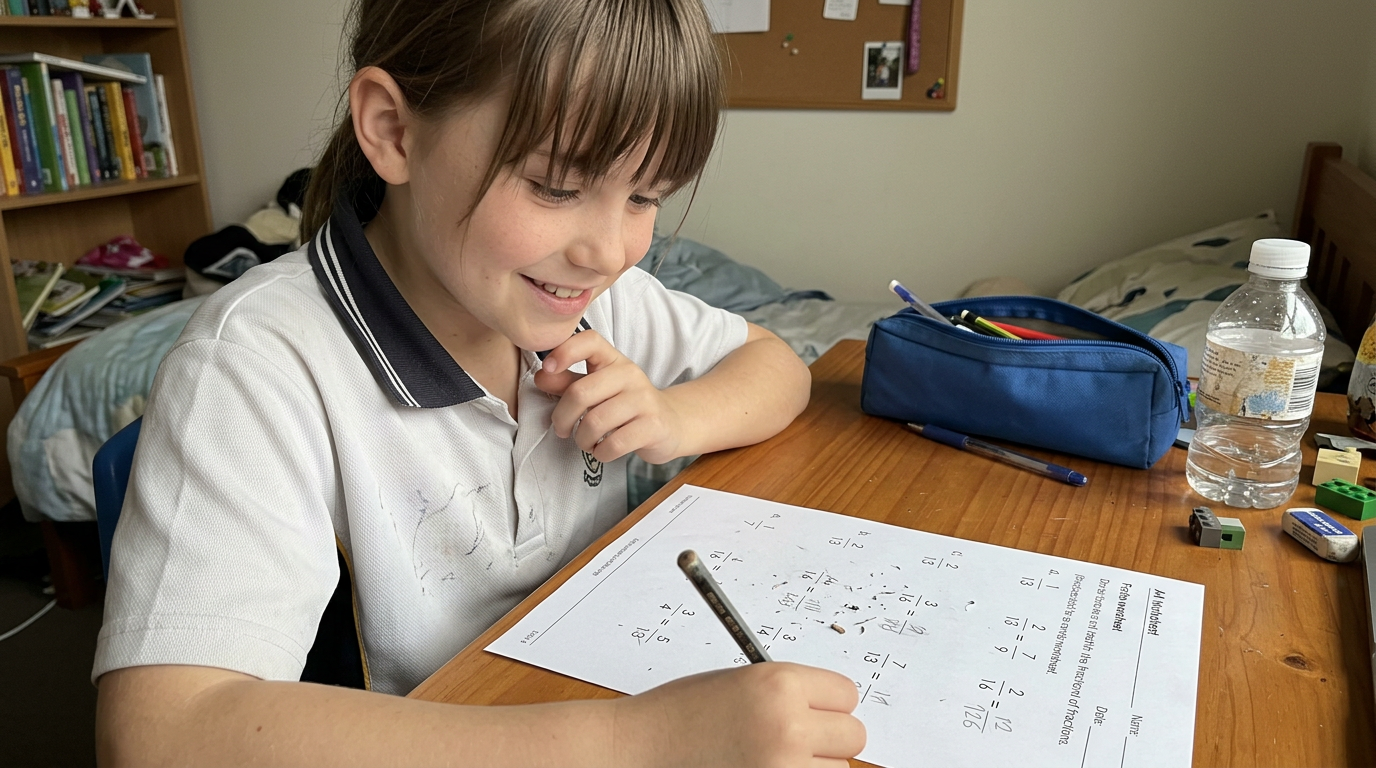 A Year 4 Australian student at a small bedroom desk in the late afternoon, working through a fractions worksheet with a quiet smile