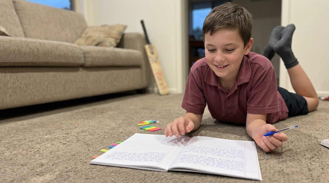 A Year 6 Australian student lying on the lounge-room rug writing in a school exercise book in early evening winter light