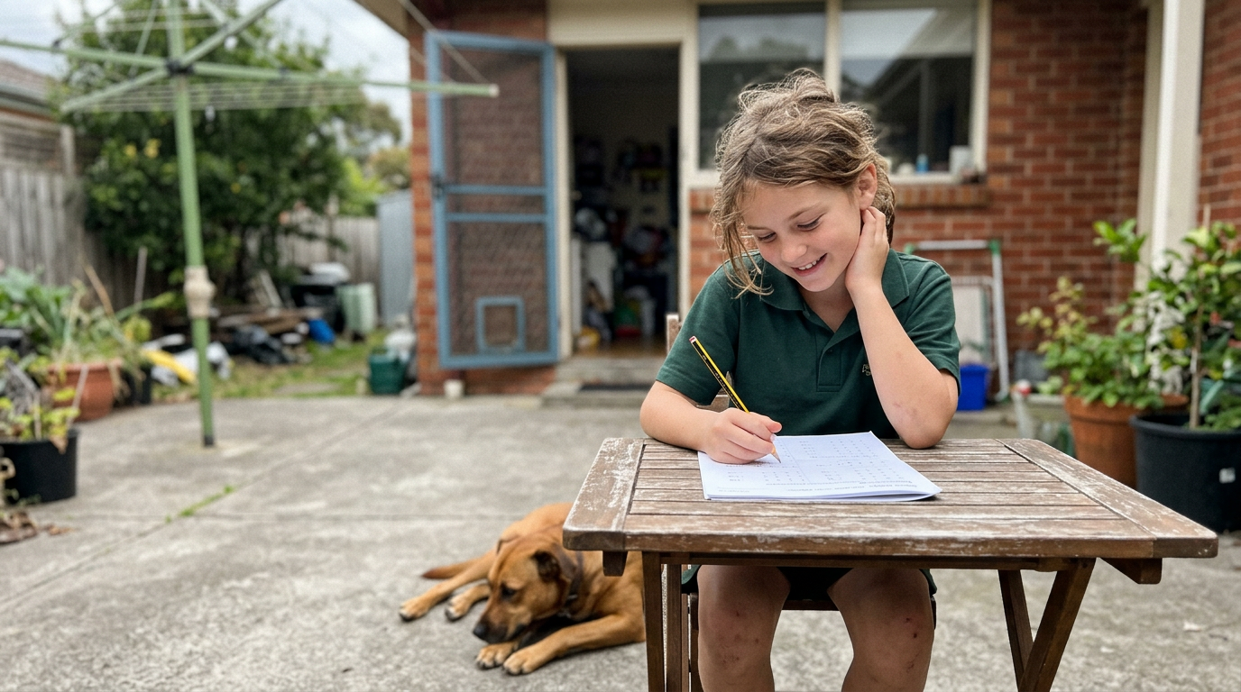A Year 4 child sitting at a small wooden outdoor table on a back patio, working through a printed maths worksheet with a pencil while the family dog lies at their feet on the concrete