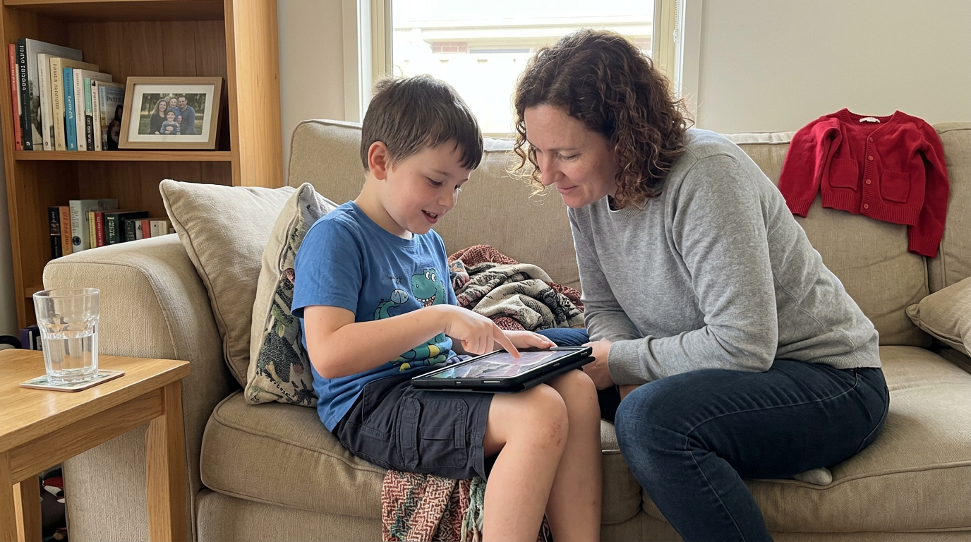 A primary-school child and their parent sitting close together on a living-room couch, both leaning in toward a tablet held in the child's lap, the child mid-sentence pointing at the screen, the parent listening attentively