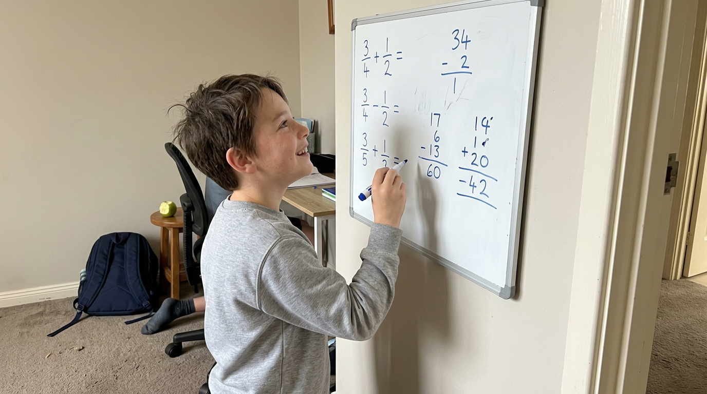 A Year 5 child standing at a small home-study whiteboard with a blue dry-erase marker, working through their own arithmetic and explaining their reasoning to themself