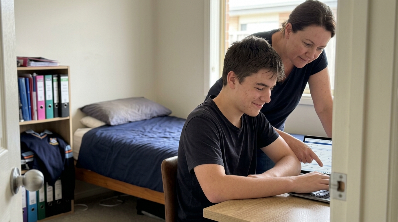 A Year 10 student at their bedroom desk filling in a school subject-selection form on a laptop, with their parent leaning in over their shoulder pointing softly at one row on the screen