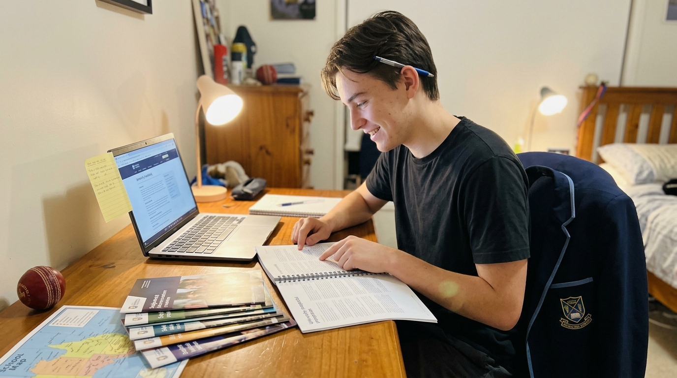 A Year 11 student sitting at a bedroom desk in the evening with two desk lamps on, working through an open university handbook and a stack of subject information pamphlets