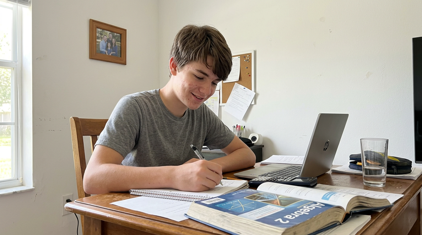 A high-school homeschool student at a wooden desk with an algebra textbook in a Florida home