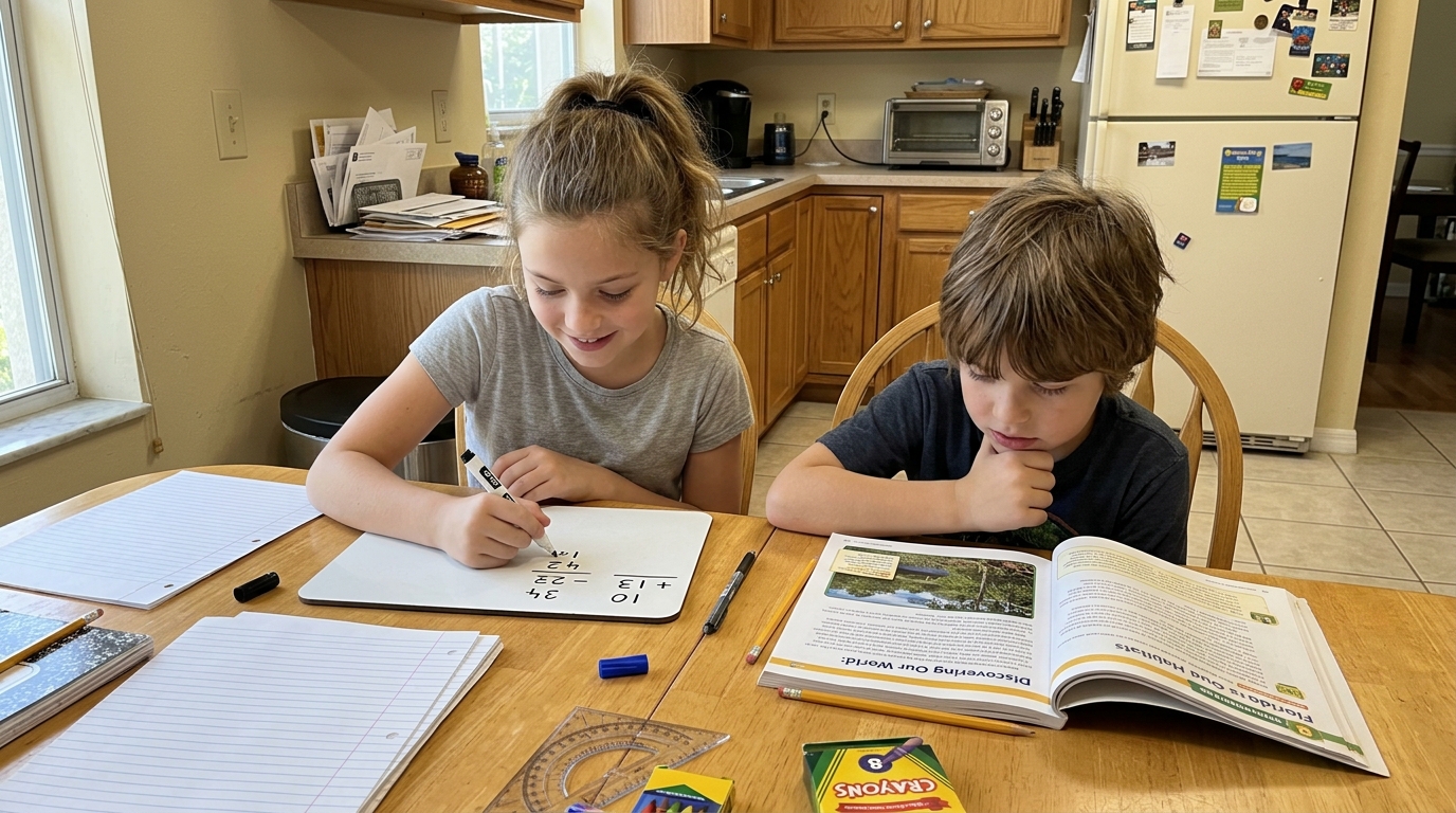 Two elementary homeschool siblings working at a Florida kitchen table, one writing on a whiteboard