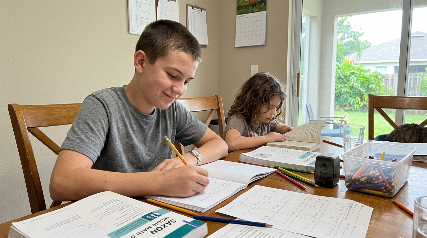 A homeschool brother and sister at a wooden table with math workbooks and colored pencils in a Florida home