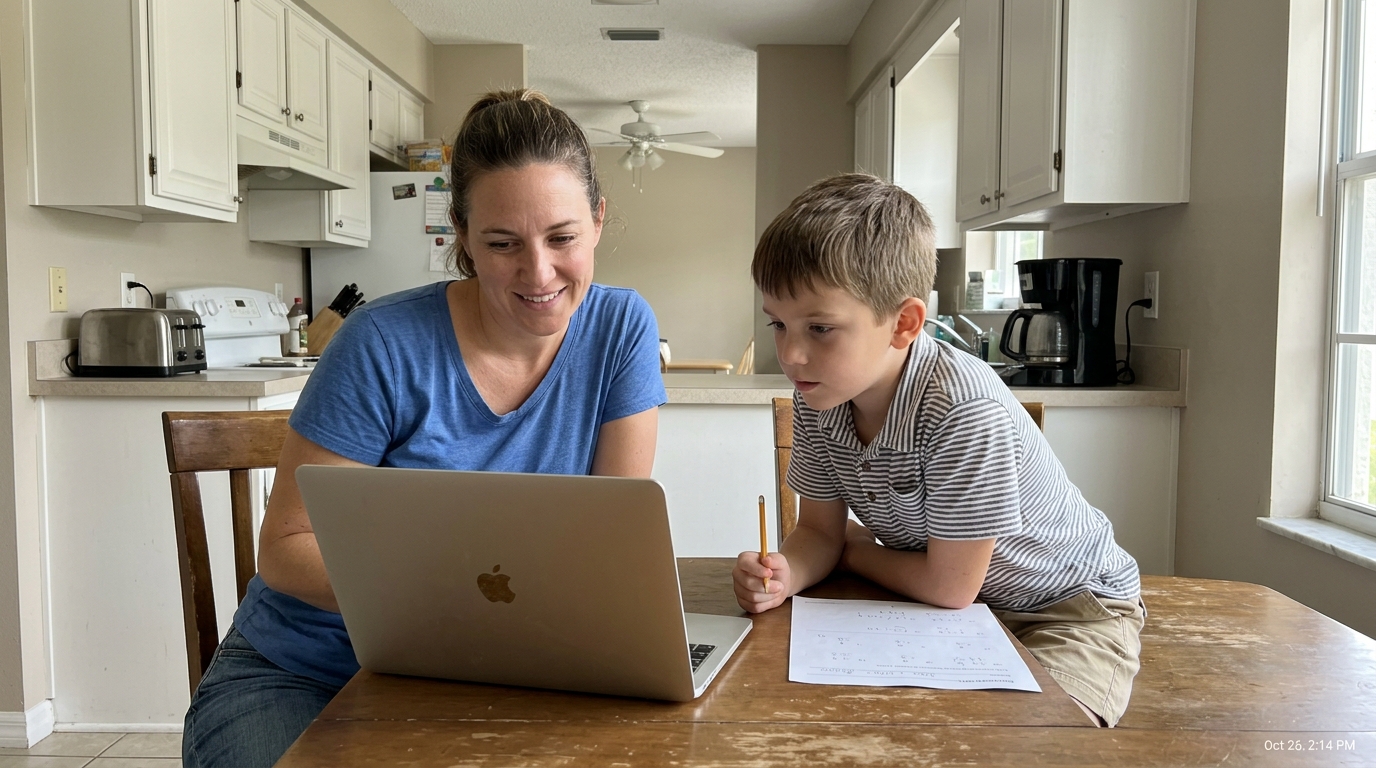 A Florida mother and her elementary-age son working together at a dining table on an online learning portal