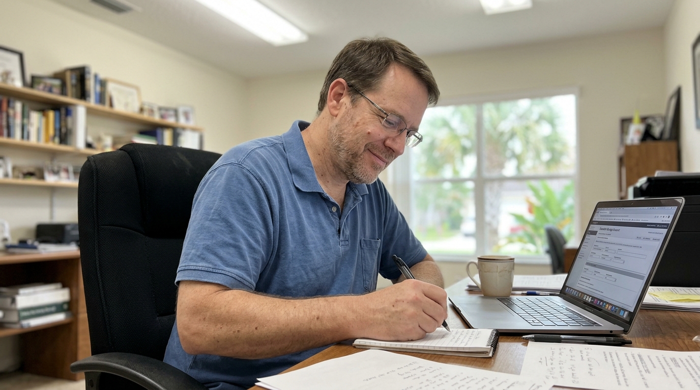 A Florida father at a home-office desk reviewing the Education Savings Account portal and taking notes