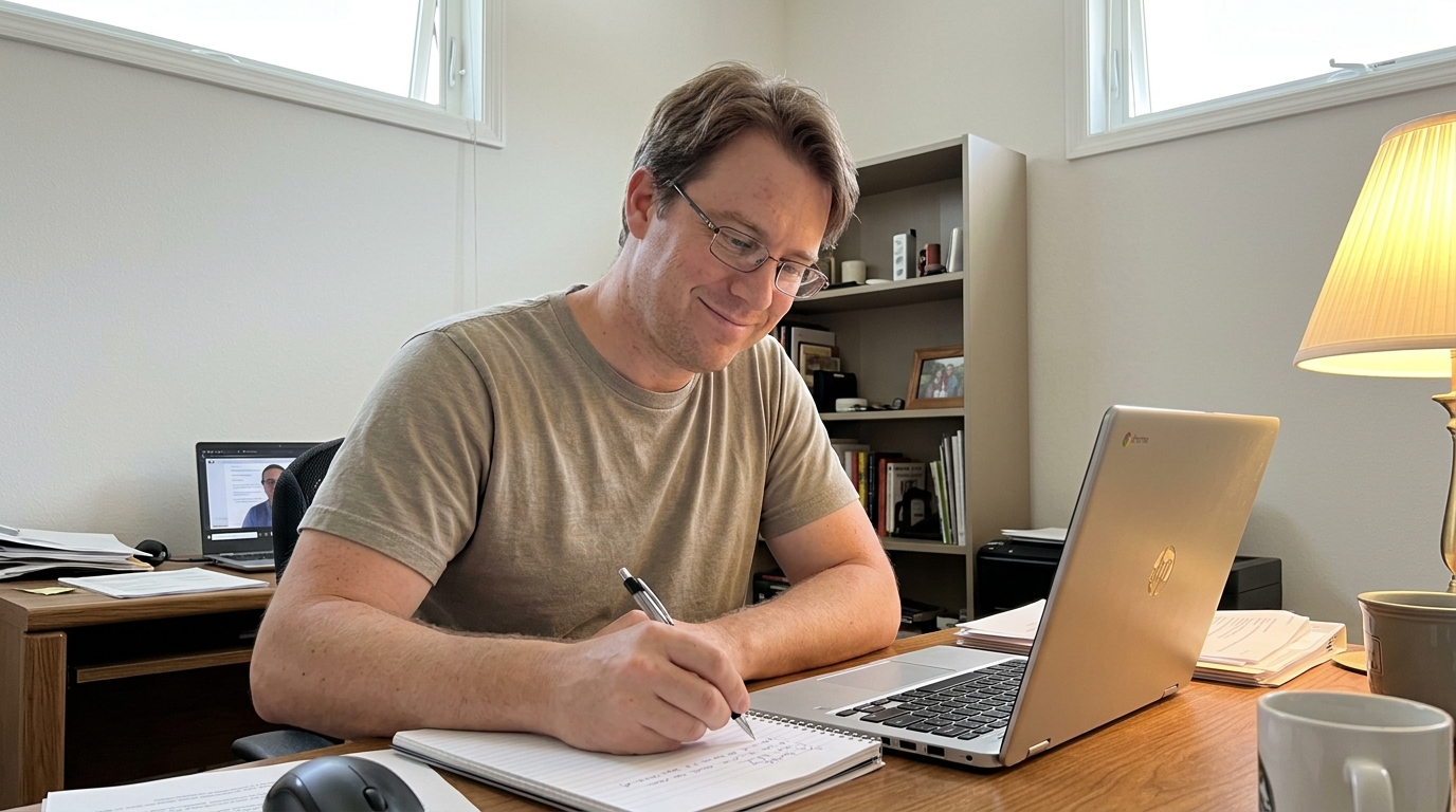A Florida father in a home video call with a tutor, taking handwritten notes during the consultation