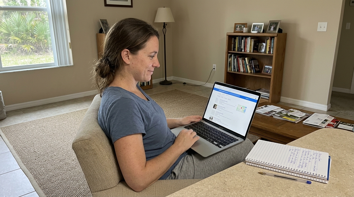 A Florida mother on the couch reviewing a tutoring provider directory on her laptop with notes beside her