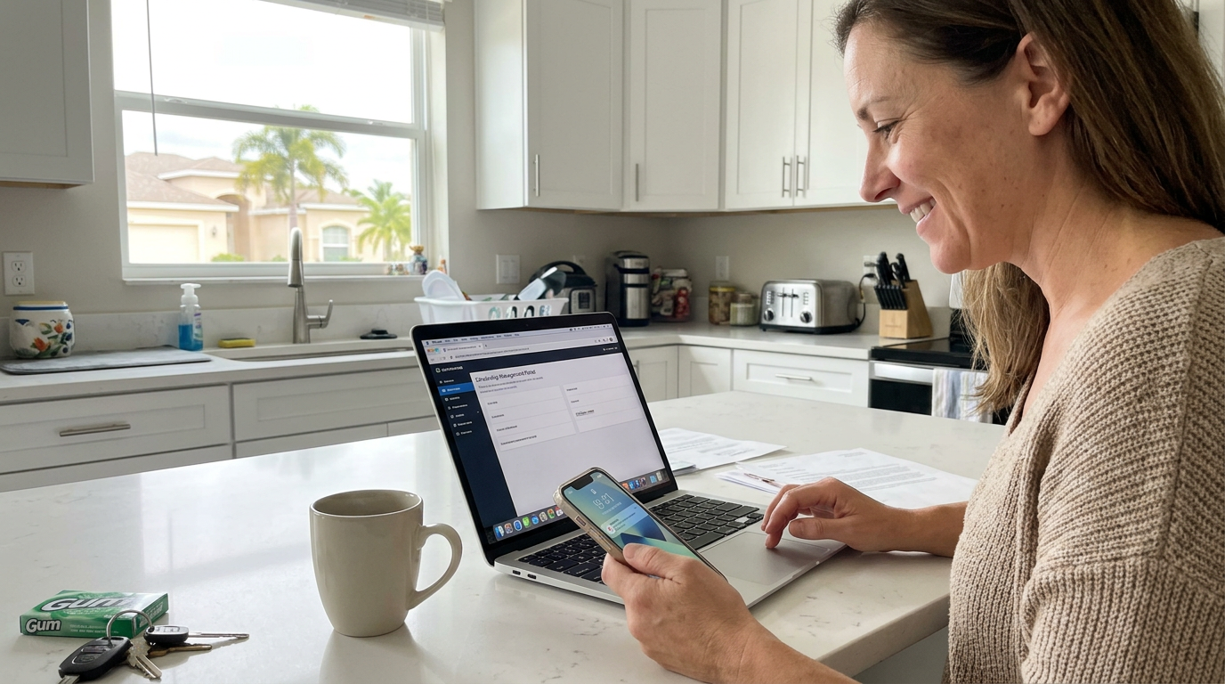 A Florida mother at a kitchen island reviewing the EMA scholarship management portal on her laptop