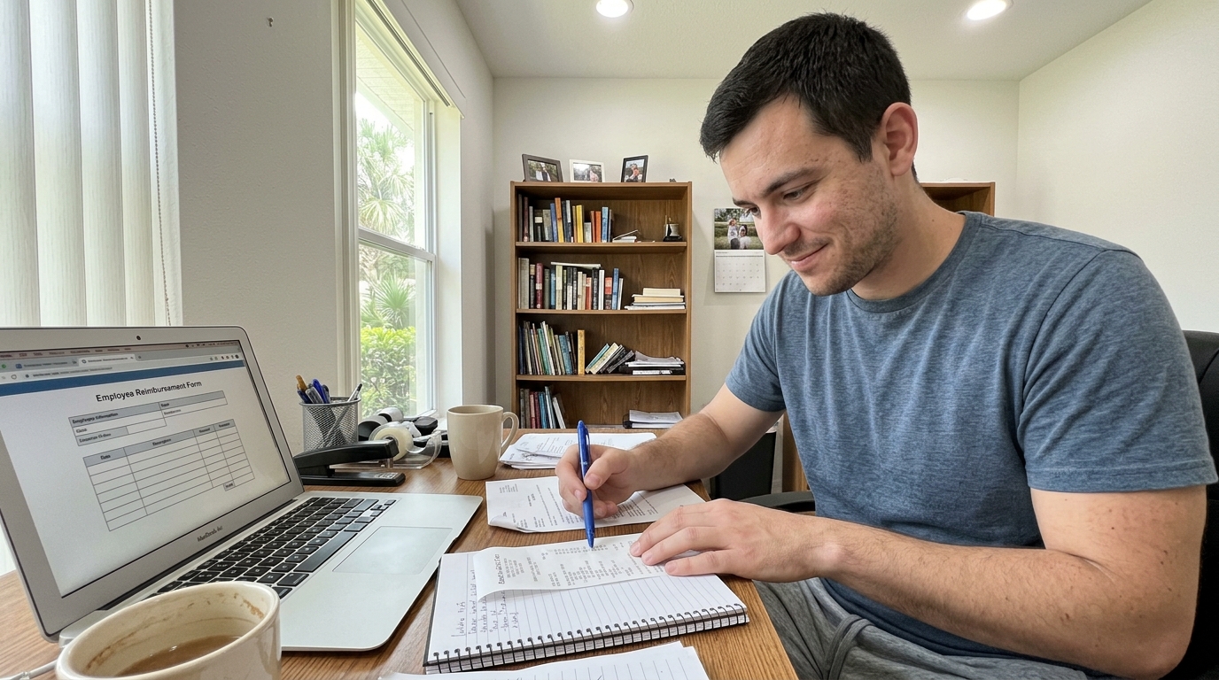 A Florida father at a home desk filling in a reimbursement form with a printed receipt and a pen