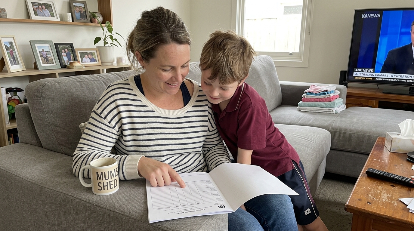 An Australian parent and her primary-school son sit together on a living-room couch reading through his school report card with quiet smiles of pride.