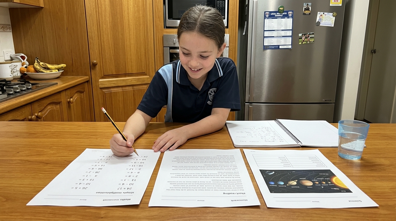 A Year 5 student sits alone at her kitchen island flipping between three short worksheets so she can mark which questions feel easy and which feel hard.