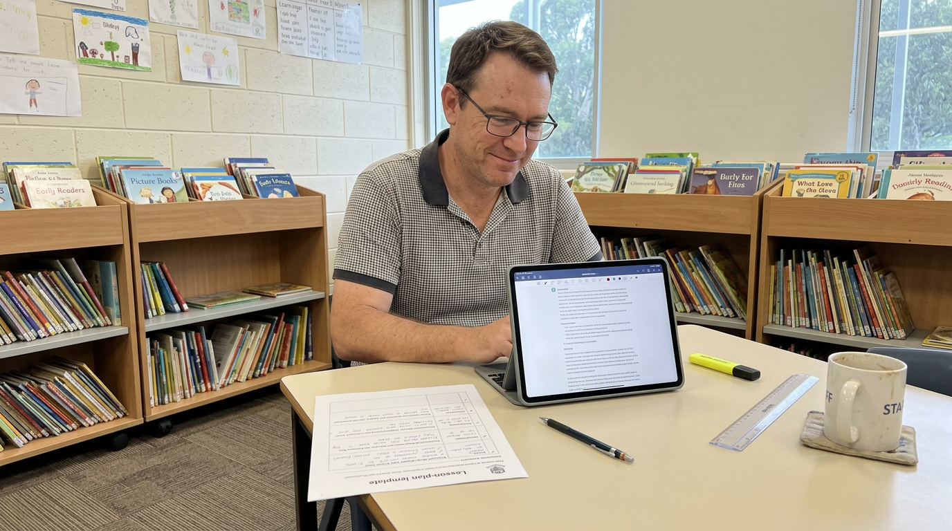 A elementary teacher compares an AI-drafted lesson plan on his iPad against the school's printed lesson template at the library desk after school.