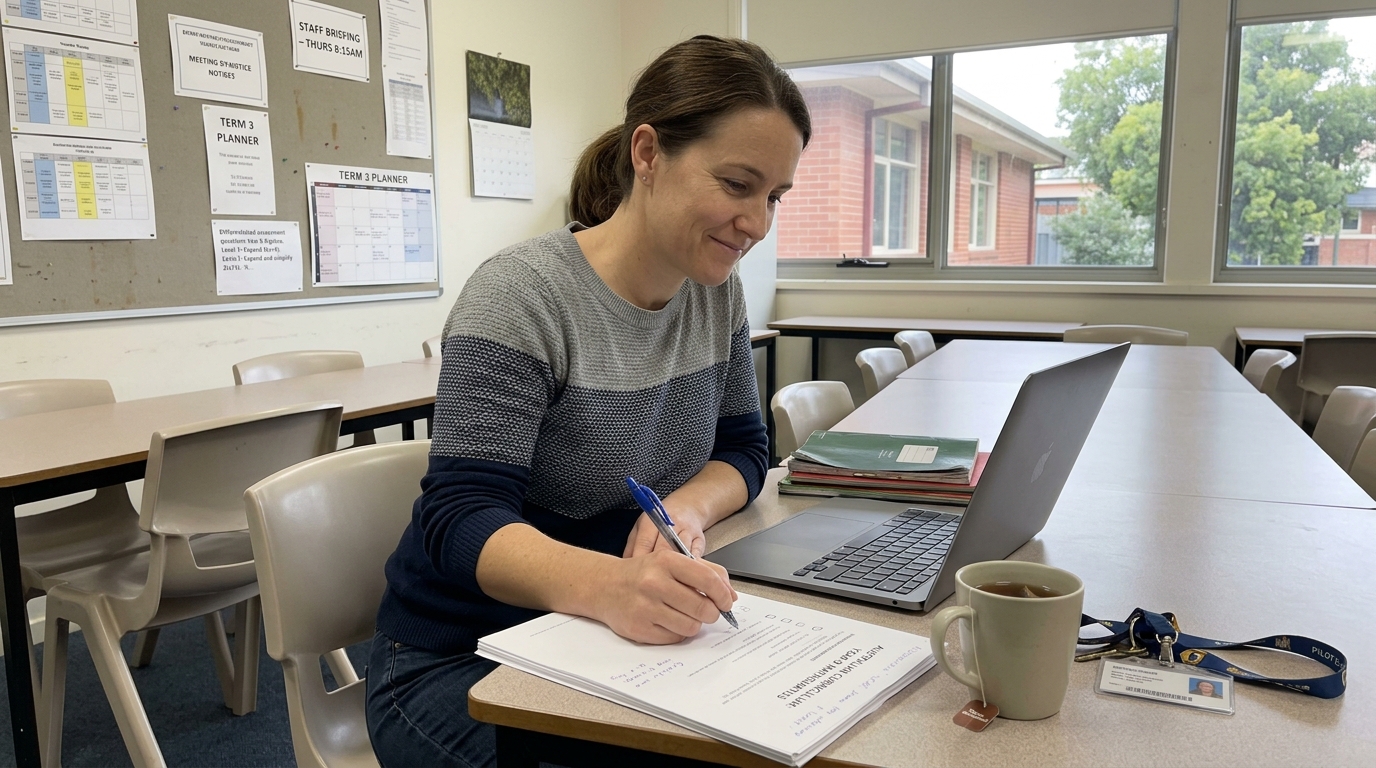 A math teacher reviews an AI-generated set of differentiated questions on her laptop during a free period in the secondary staff room.
