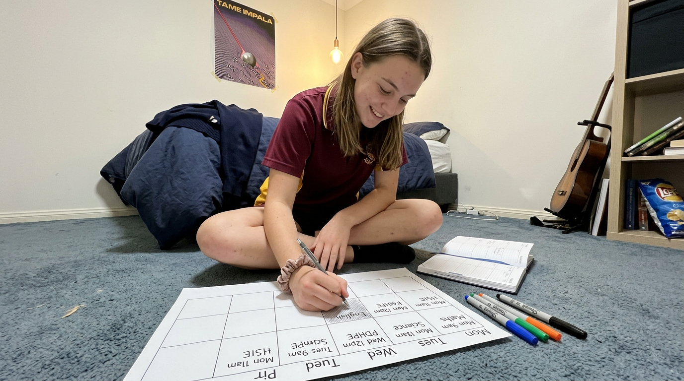 A 10th grade student sits cross-legged on her bedroom floor sketching out a Sunday-night A3 paper planner with colored felt-tip markers.
