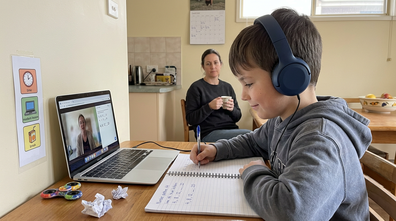 A Year 4 autistic boy works through a number-pattern problem in a quiet home tutoring session, wearing noise-cancelling headphones with a visual schedule strip on the wall.