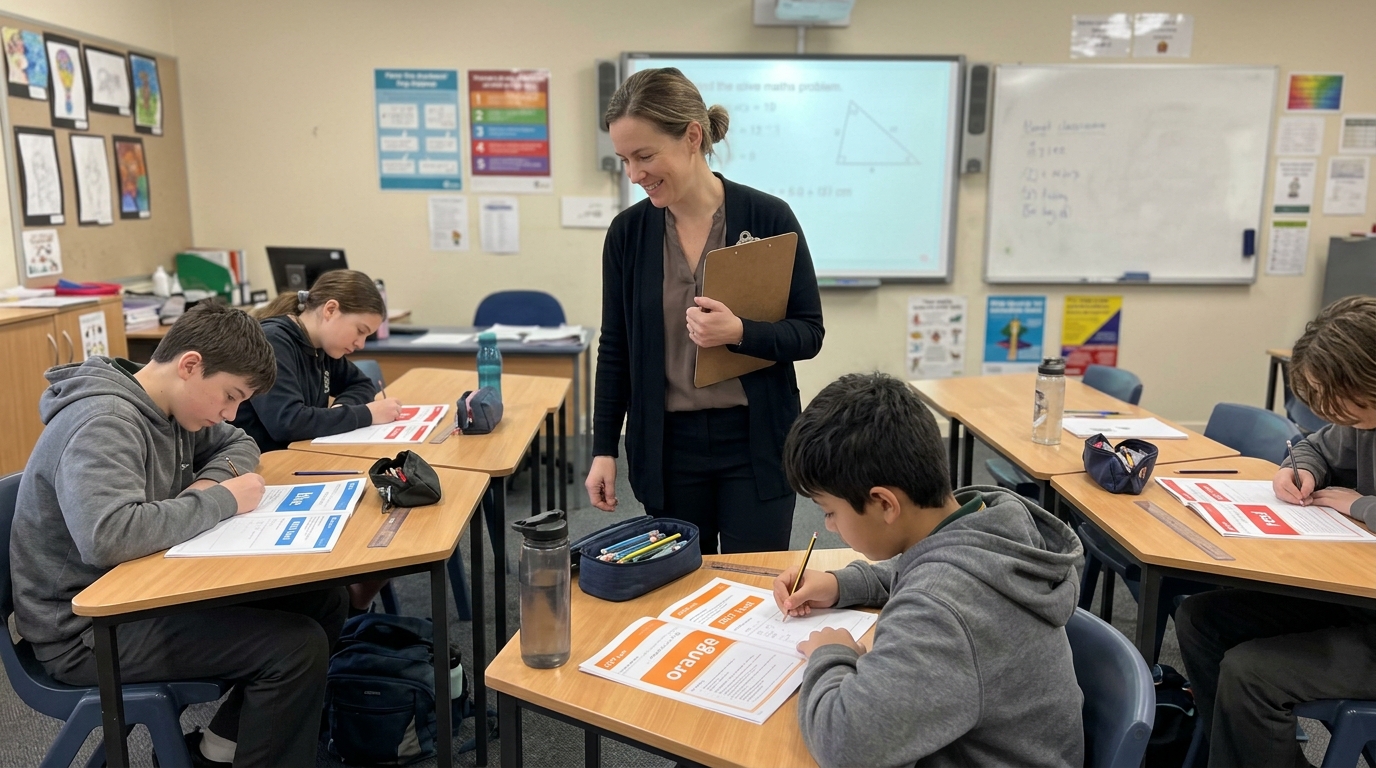 A maths teacher walks down a row of student desks where three students are working on three different coloured difficulty-tier worksheets at once.