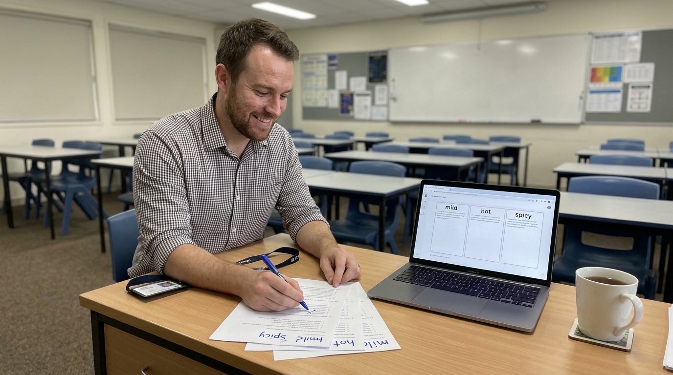 A maths teacher prints out three differentiated 'mild, hot, spicy' question sheets generated with an AI tool before his Year 9 class arrives.