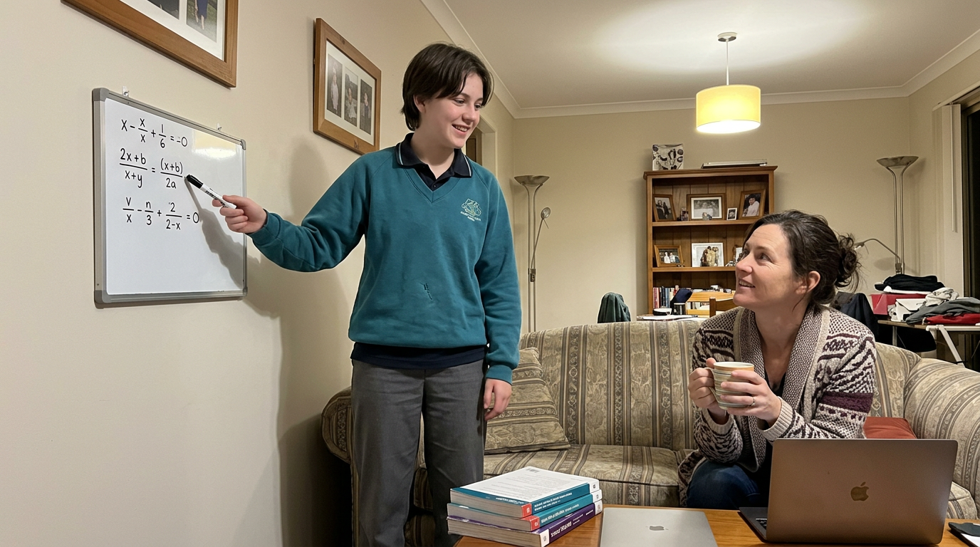 A 10th grade student stands at a small upright mini-whiteboard explaining a worked algebra step back to her mum after a tutoring session.